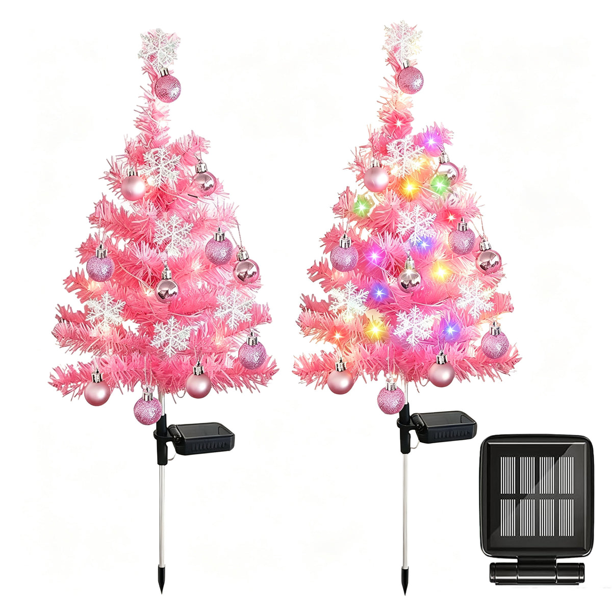 HioHa Solar Christmas Tree Stakes, 2 Pack Pink Outdoor Solar LED Christmas Tree Stake Lights, Waterproof Christmas Decor with Baubles & Snowflake Ornaments, Solar Powered Pathway Lights for Yard Lawn