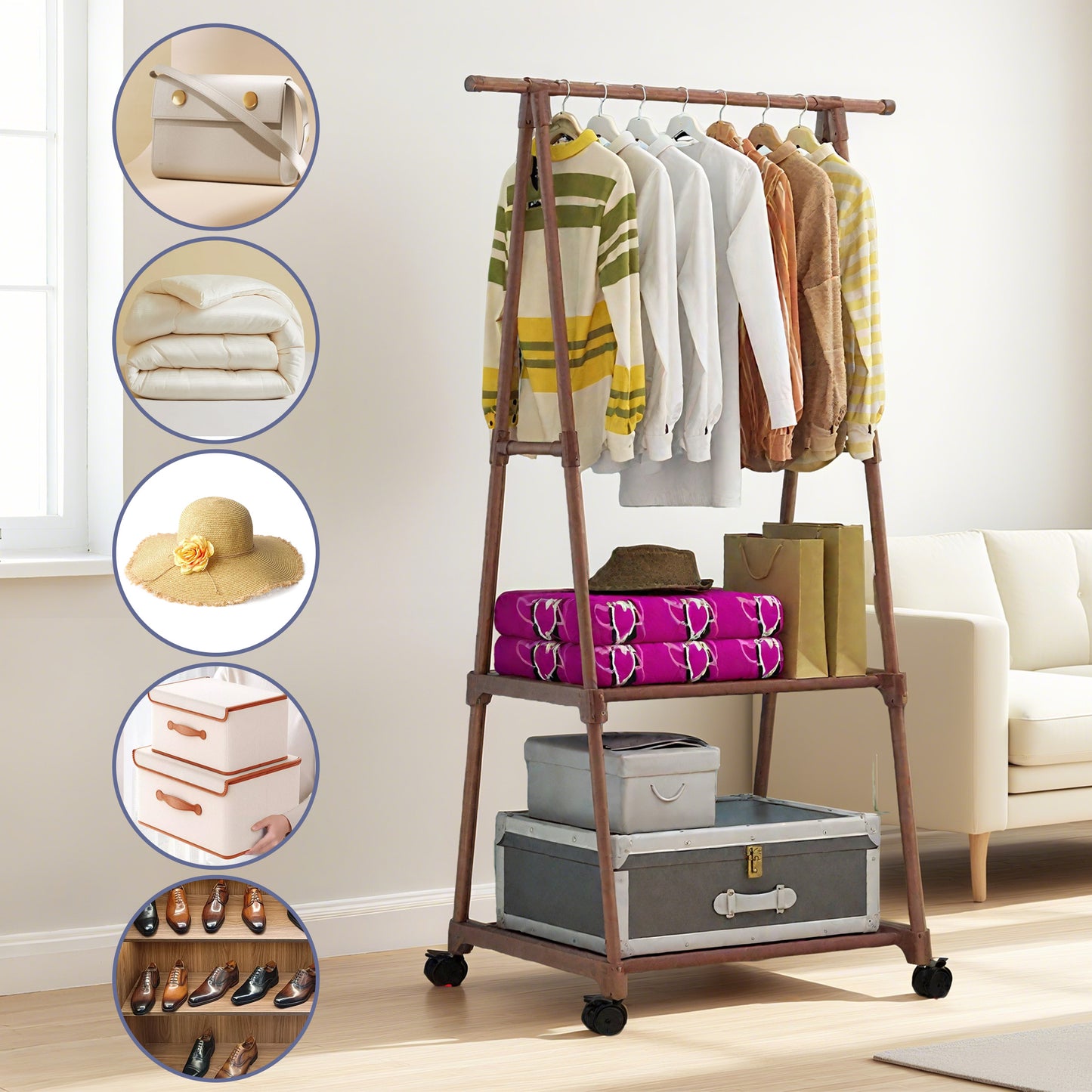 HioHa Portable Clothes Rack on Wheels with 2-Tier Shelves & Hooks - Stainless Steel Rolling Garment Rack for Clothing, Shoes, Laundry - Home, Office, Dorm Use (Brown)