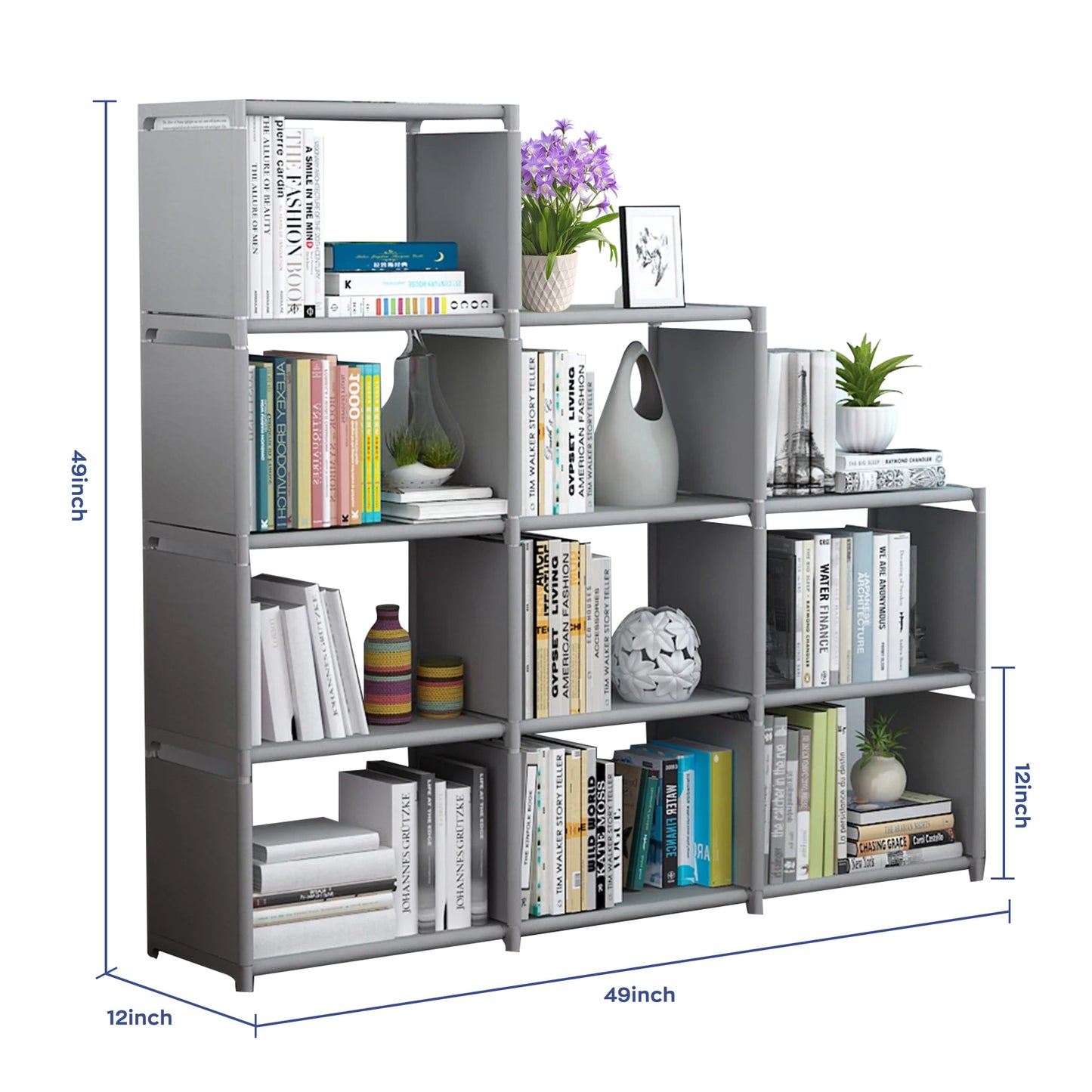 HioHa 12-Cube Storage Organizer, Portable Folding Bookshelf with Adjustable Shelves , Space Saving Unit for Home Office Closet , Grey