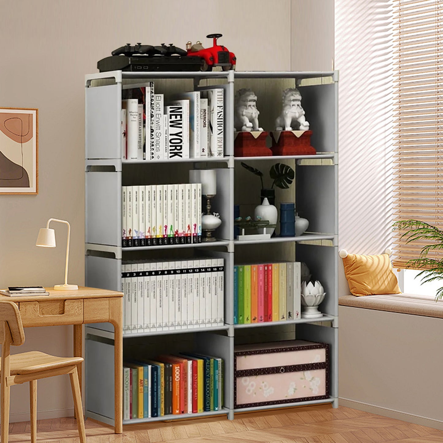 HioHa 8-Cube Storage Organizer, Portable Folding Bookshelf with Adjustable Shelves , Space Saving Unit for Home Office Closet , Grey