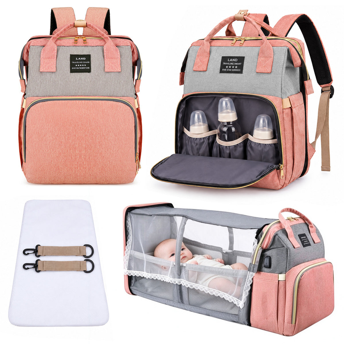 HioHa Diaper Bag Backpack, Foldable Baby Bed Changing Station, Large Capacity Waterproof Travel Baby Bag with USB Charging Port, Stroller Straps, Insulated Bottle Pockets, Pink
