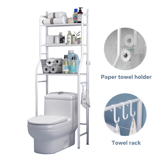 HioHa Over the Toilet Storage, Bathroom Organizers and Storage Shelf with Paper Holder and 3 Hooks, Freestanding Toilet Rack Space Saver for Balcony, Restroom, Laundry(White)