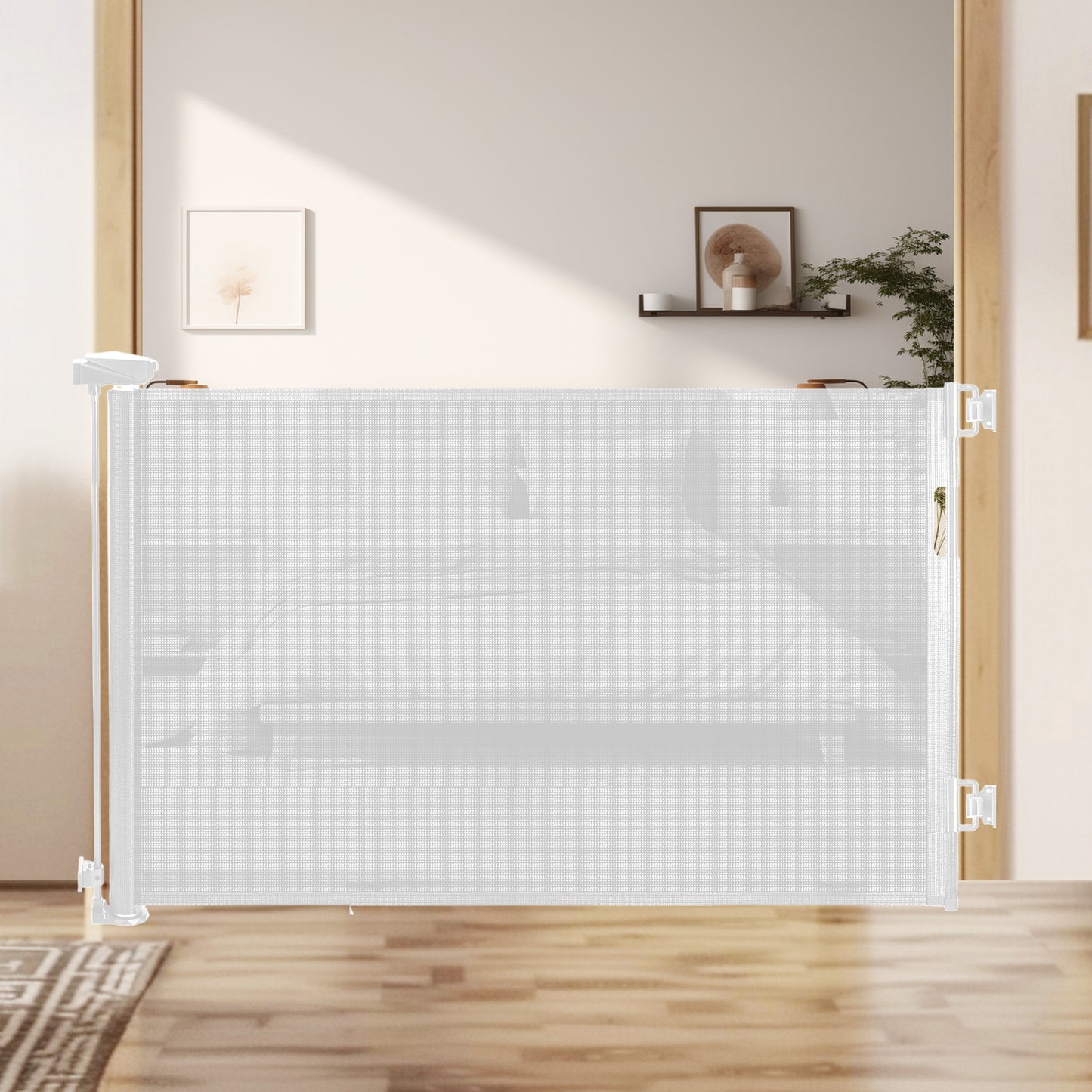 HioHa 59 Inch Retractable Gate, Hardware-Mounted Mesh Safety Gate for Stairs & Doorways, White