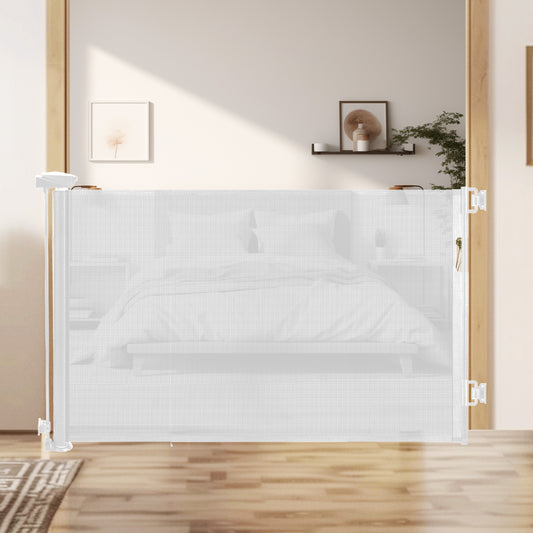 HioHa 59 Inch Retractable Gate, Hardware-Mounted Mesh Safety Gate for Stairs & Doorways, White