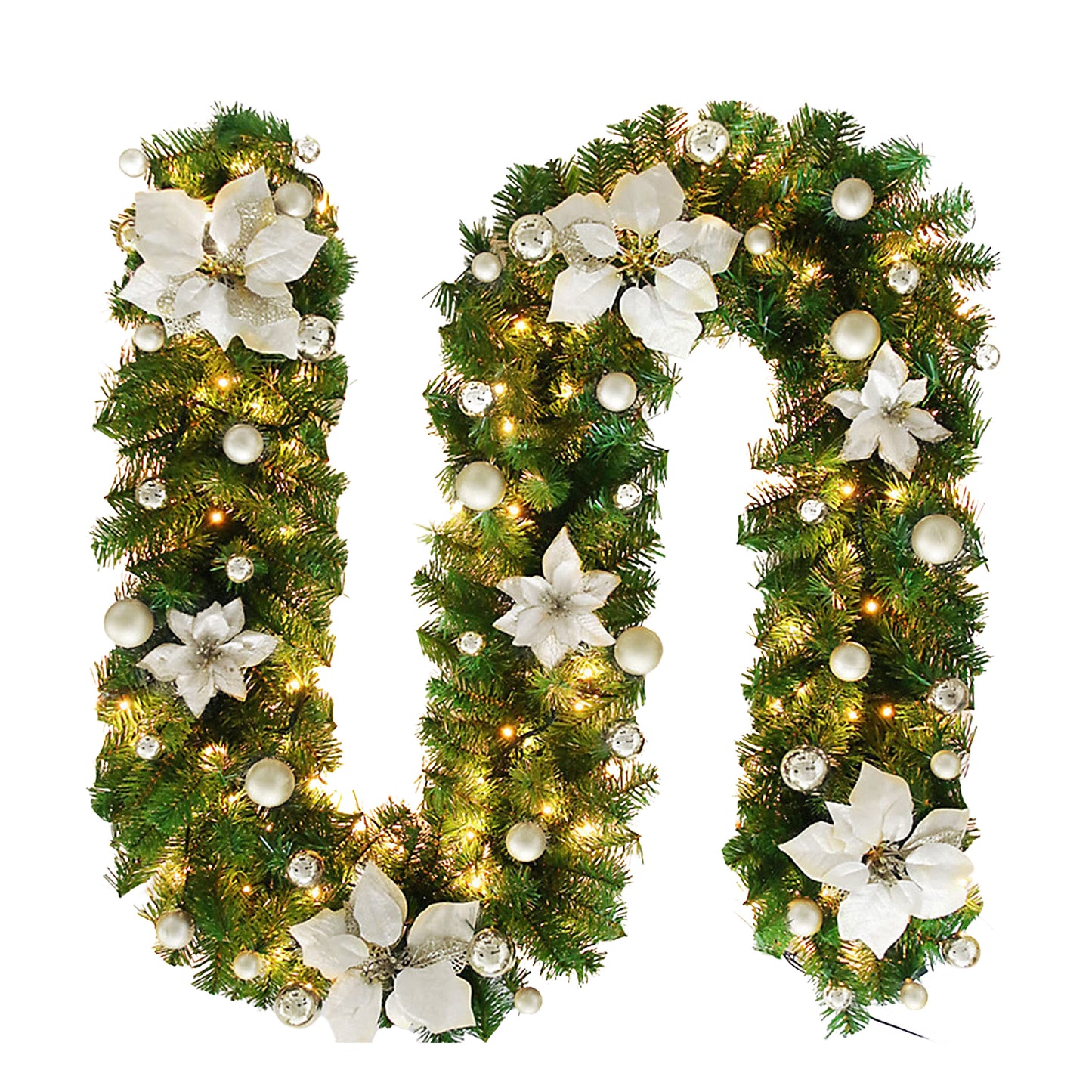 HioHa Christmas Garland 9ft Artificial Pine Garland with Warm White LED Lights, Pine Cones and Berries for Holiday Indoor Home Decor
