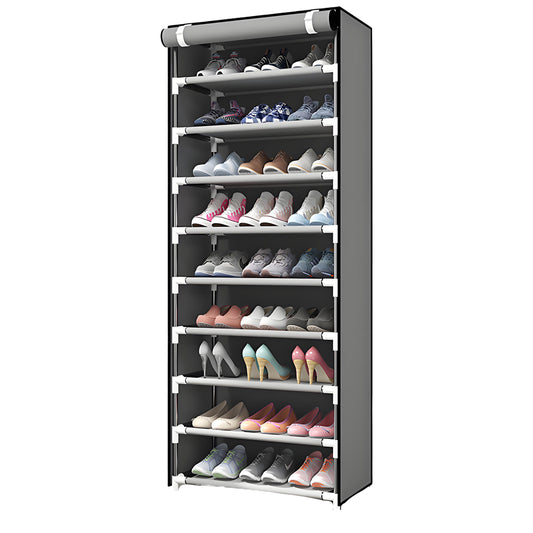 HioHa Shoe Rack 10-Tier with Cover, Holds 27 Pairs, Non-Woven Fabric, Dustproof & Space Saving, 63"H, Gray