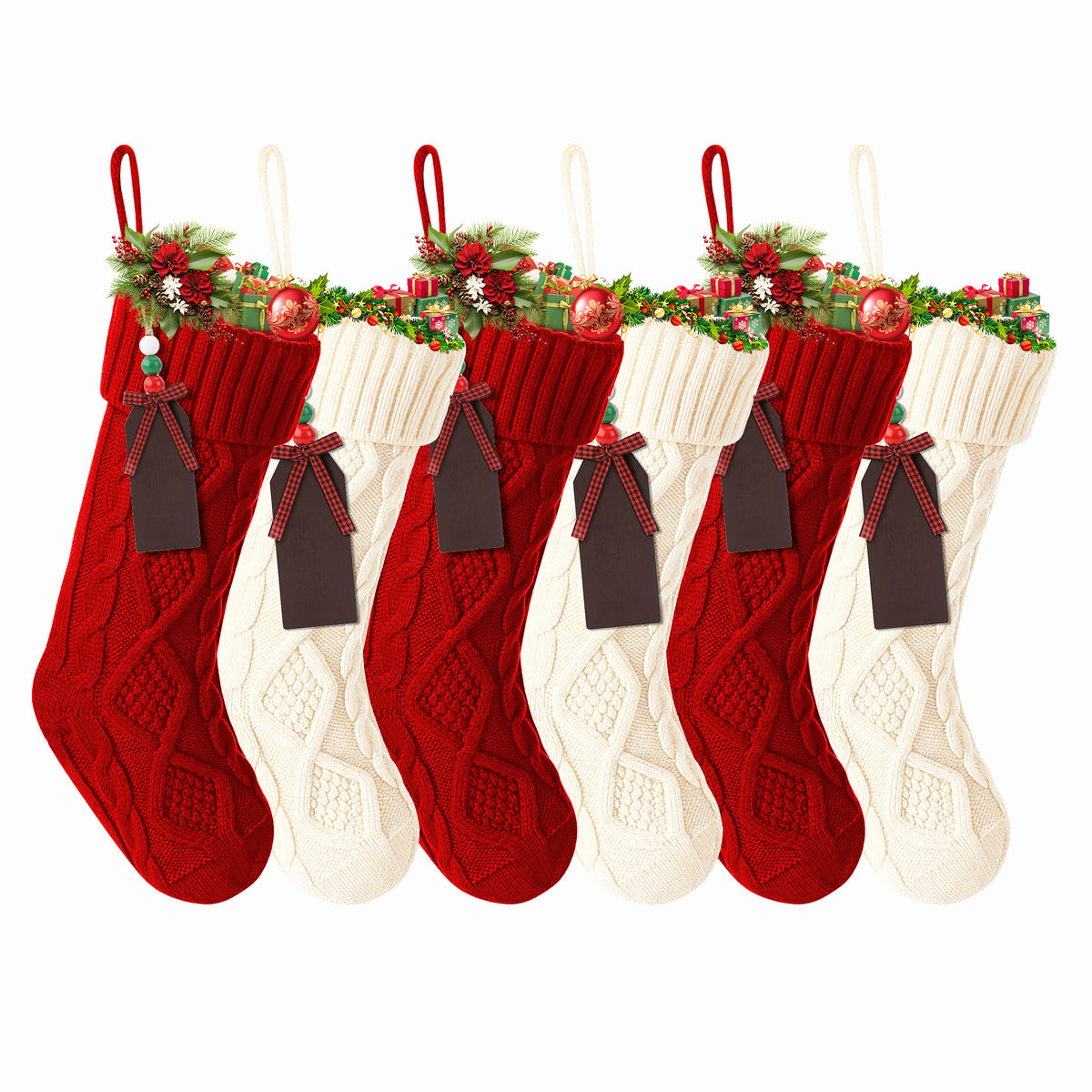 HioHa Christmas Stockings, Knit Cable Mantel Decor with Hanging Loop, Large Holiday Gift Bags for Fireplace, Set of 6, Red and Cream