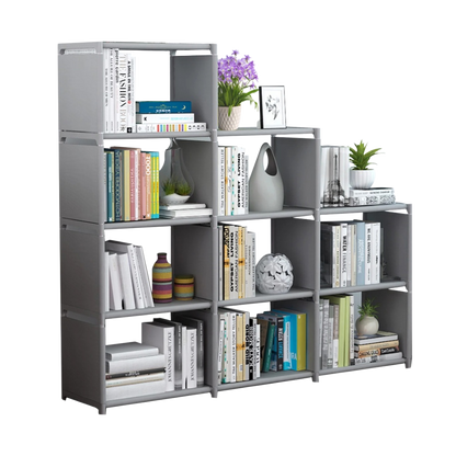 HioHa 12-Cube Storage Organizer, Portable Folding Bookshelf with Adjustable Shelves , Space Saving Unit for Home Office Closet , Grey