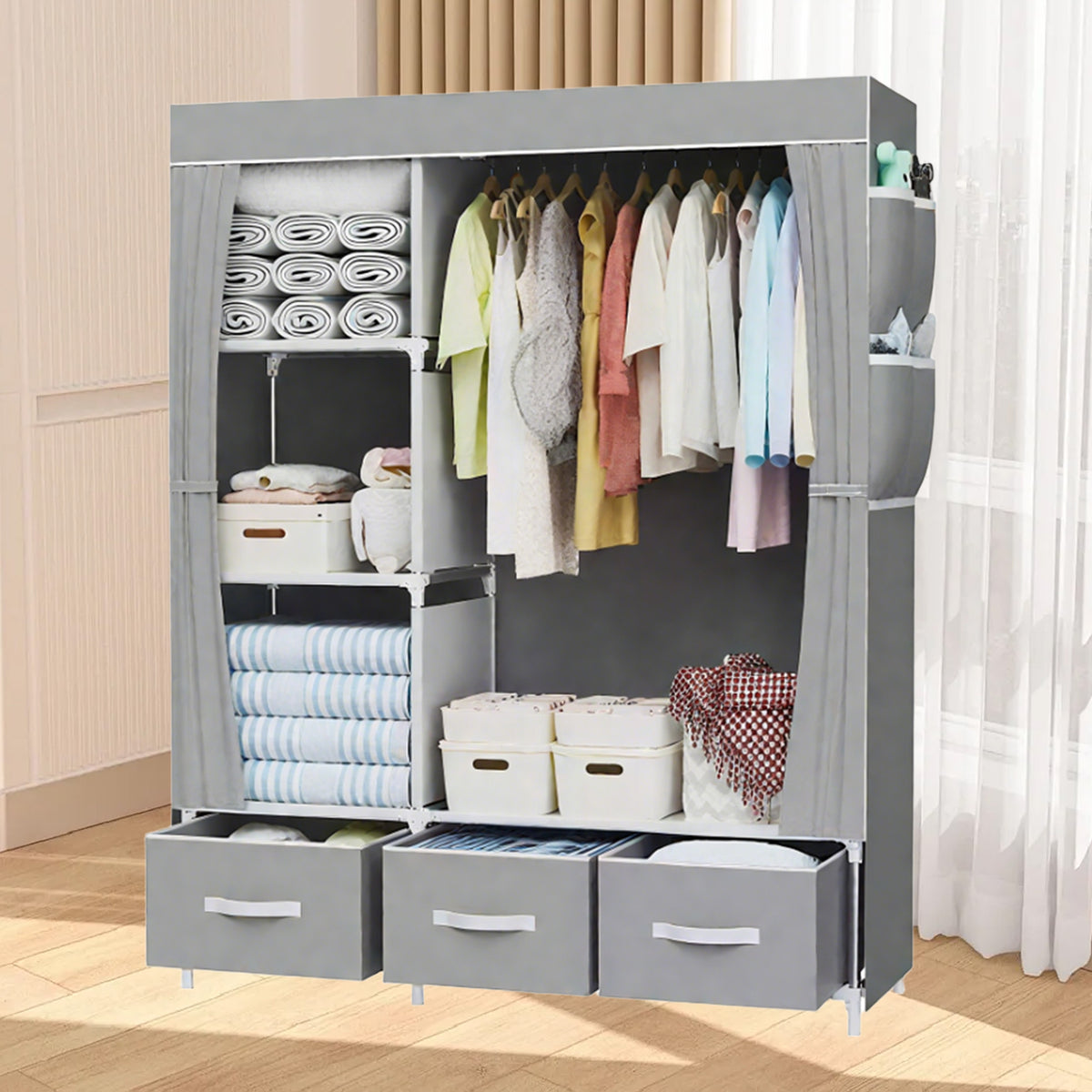 HioHa Portable Closet Organizer,3 Storage Drawers & Hanging Rod, Sturdy Space Saving Wardrobe for Bedroom Dorm Rental, Grey