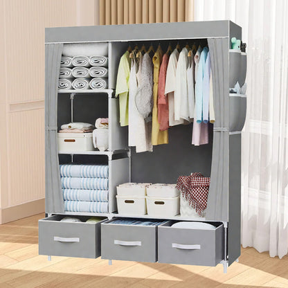 HioHa Portable Closet Organizer,3 Storage Drawers & Hanging Rod, Sturdy Space Saving Wardrobe for Bedroom Dorm Rental, Grey
