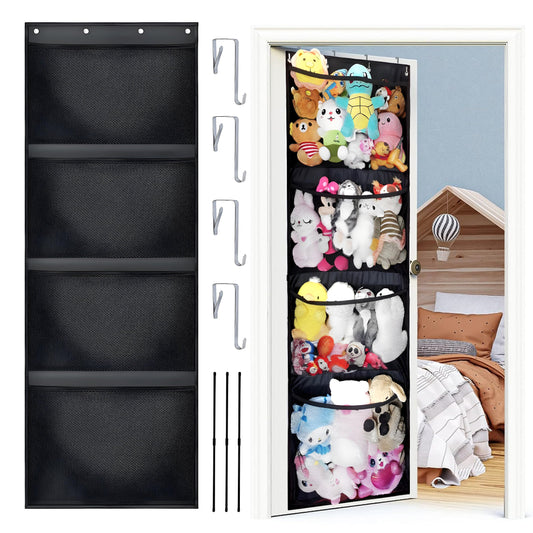 HioHa Stuffed Animal Storage, Over the Door Organizer for Baby Ideas Hammock Corner, Toy Hanging Storage Bag with 4 Large Visible Mesh Pockets for Nursery£¬Bedroom, Playroom