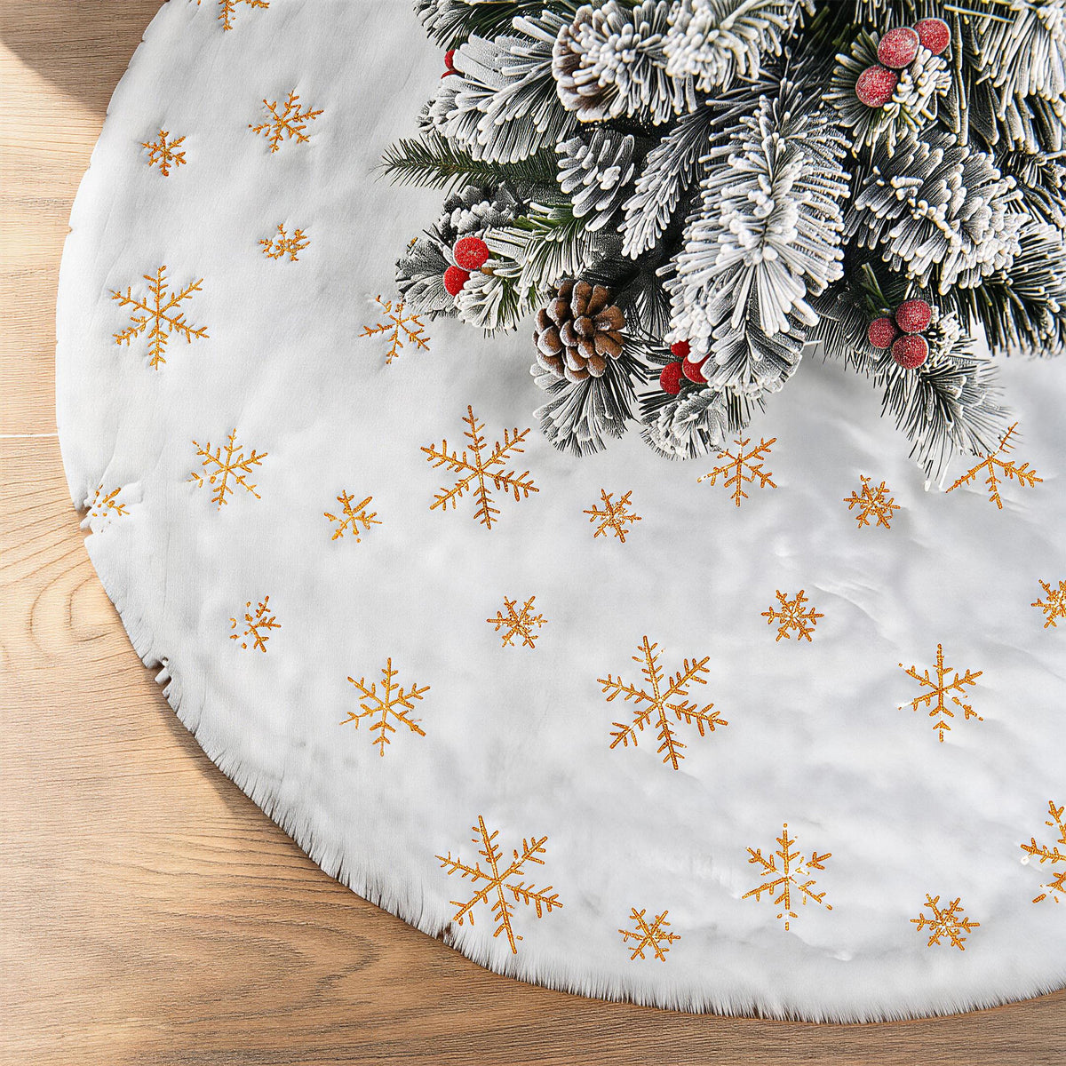 HioHa 48" Christmas Tree Skirt Gold Snowflake Embroidered Plush Fur Decor