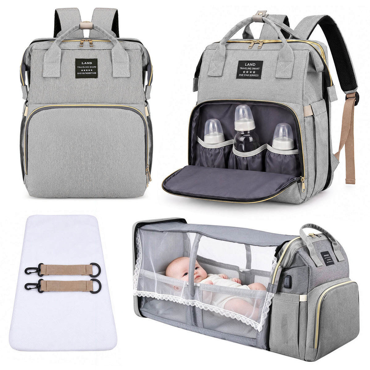 HioHa Diaper Bag Backpack, Foldable Baby Bed Changing Station, Large Capacity Waterproof Travel Baby Bag with USB Charging Port, Stroller Straps, Insulated Bottle Pockets, Gray