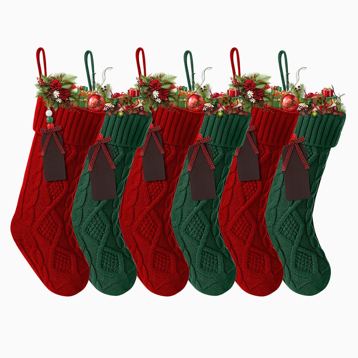 HioHa Christmas Stockings, Knit Cable Mantel Decor with Hanging Loop, Large Holiday Gift Bags for Fireplace, Set of 6, Green and Red