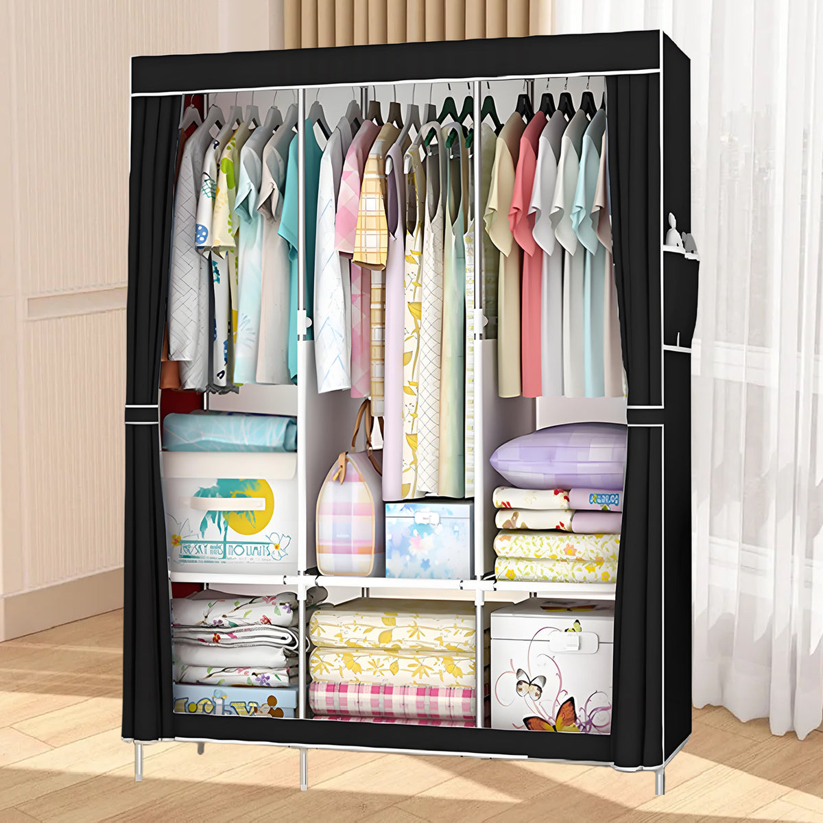 HioHa Portable Closet, Dustproof Wardrobe Closet with Cover, Free Standing Clothes Storage Organizer for Hanging Clothes and Bedroom, Black