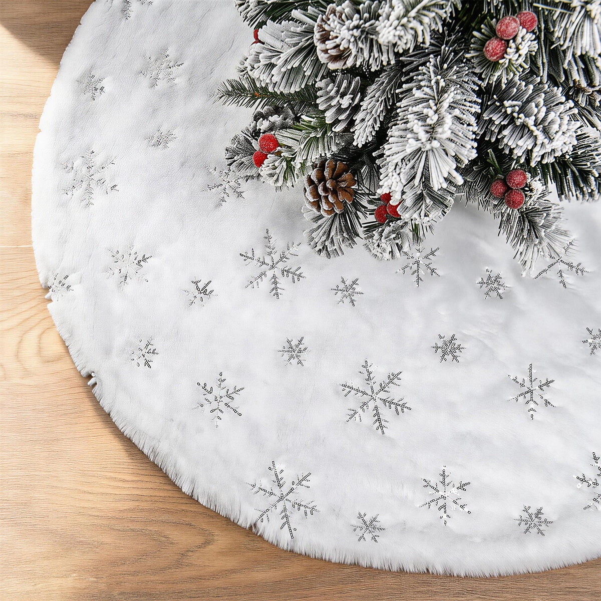 HioHa 48" Christmas Tree Skirt Silver Snowflake Embroidered Plush Fur Decor