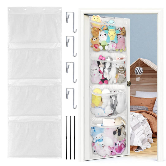 HioHa Stuffed Animal Storage, Over the Door Organizer for Baby Ideas Hammock Corner, Toy Hanging Storage Bag with 4 Large Visible Mesh Pockets for Nursery£¬Bedroom, Playroom