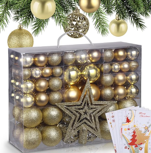 HioHa Christmas Ball Ornaments Set, Shatterproof Shiny Matte Glitter Balls with Tree Topper for Christmas Tree Holiday Decor, Gold