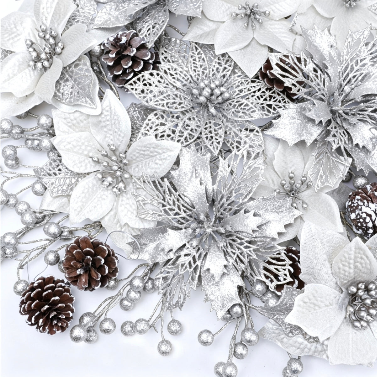 HioHa Christmas Flowers Decorations, Poinsettia with Glitter Leaves and Snowy Pine Cones, Holiday Picks for Home and Tree, Silver