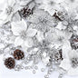 HioHa Christmas Flowers Decorations, Poinsettia with Glitter Leaves and Snowy Pine Cones, Holiday Picks for Home and Tree, Silver