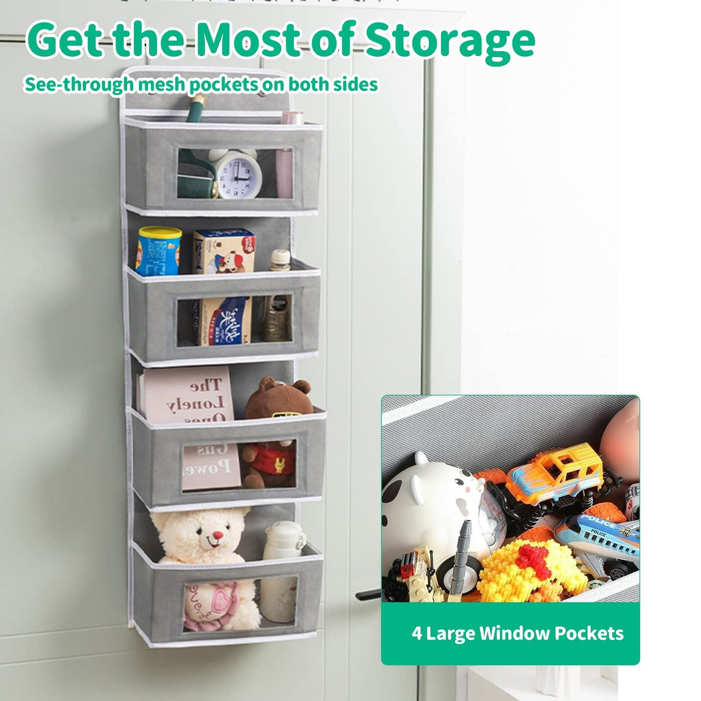 HioHa Over the Door Organizer, 4-Tier Hanging Closet Bathroom Storage with 6 Mesh Side Pockets, Wall Mount Toy Stuffed Animal Storage for Baby Essentials, Nursery£¬Bedroom, Bathroom, Dorm