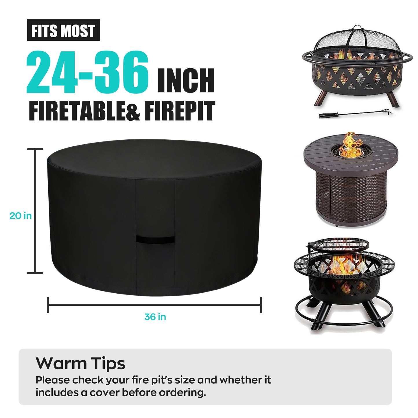 LCGOD Heavy Duty Round Fire Pit Cover, 100% Waterproof, 36x20 Inches, Fits 33-36 Inch Outdoor Gas/Wood Burning Fire Pits & Fire Tables