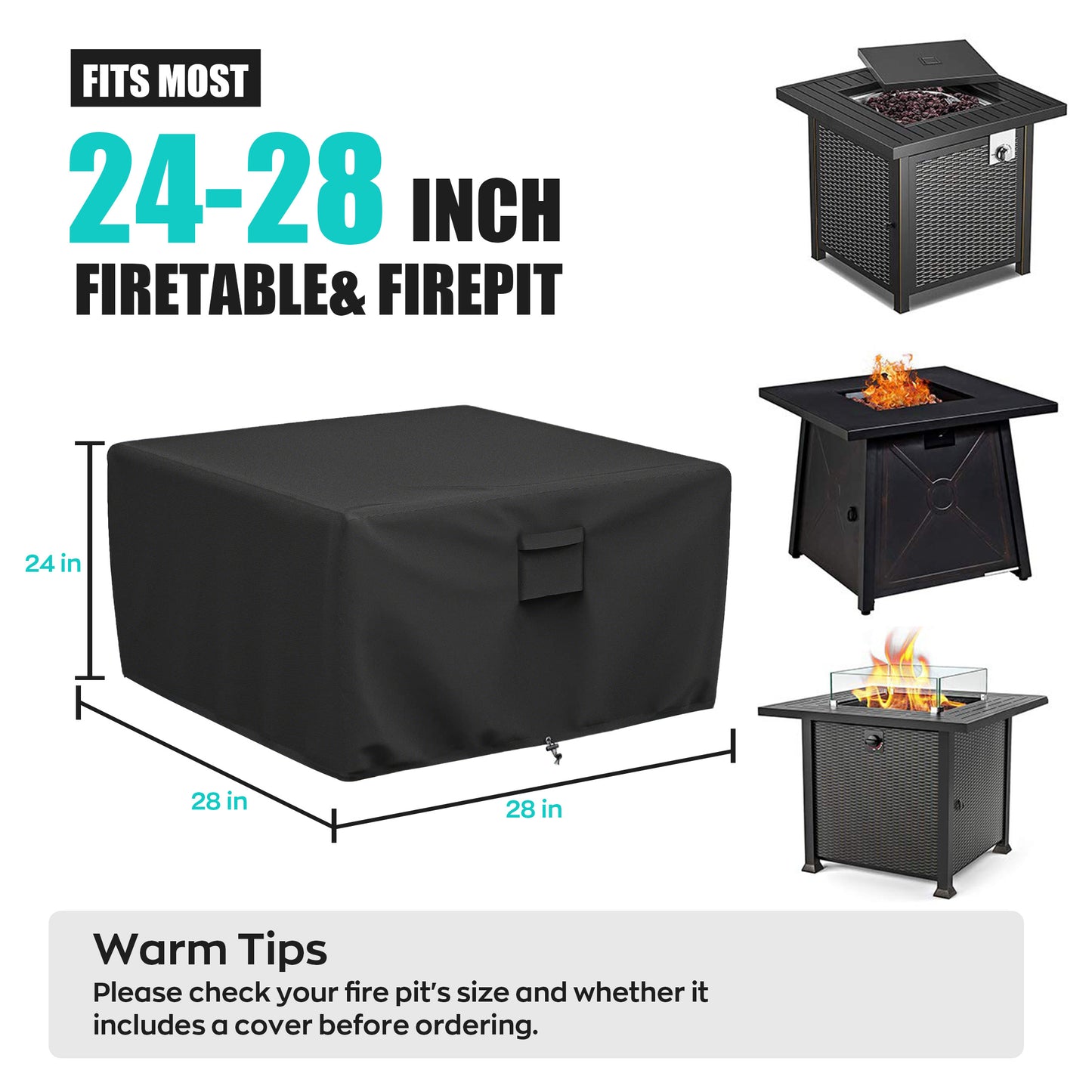 LCGOD Heavy Duty Square Fire Pit Cover, 100% Waterproof, 28x28x24 Inches, Fits 24-28 Inch Outdoor Gas/Wood Burning Fire Pits & Fire Tables