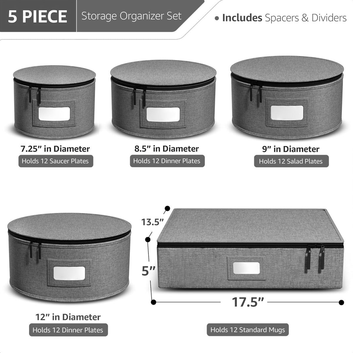 HioHa 5-Piece China Storage Containers, Stackable Dish Box with Felt Dividers for Plates, Wine Glasses, Mugs, Saucers, Kitchen & Moving Organization