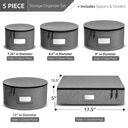 HioHa 5-Piece China Storage Containers, Stackable Dish Box with Felt Dividers for Plates, Wine Glasses, Mugs, Saucers, Kitchen & Moving Organization