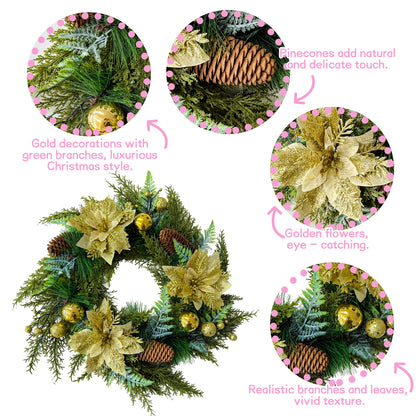 HioHa 16-inch Classic Christmas Wreath with Pine Cones &amp; Berries, Full Artificial Holiday Wreath for Door Wall Mantel Decor, Indoor Outdoor Christmas Decorations
