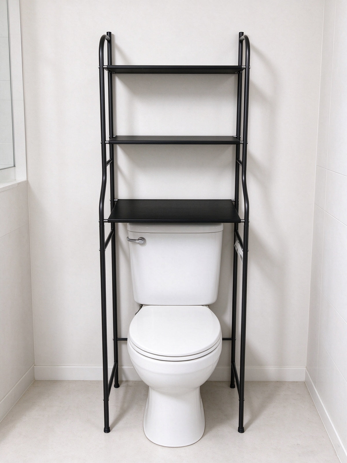 HioHa Wide Over Toilet Storage Shelf, 3-Tier Freestanding Bathroom Organizer with Paper Holder and 3 Hooks, Space Saver, Fits Larger Toilets, Black