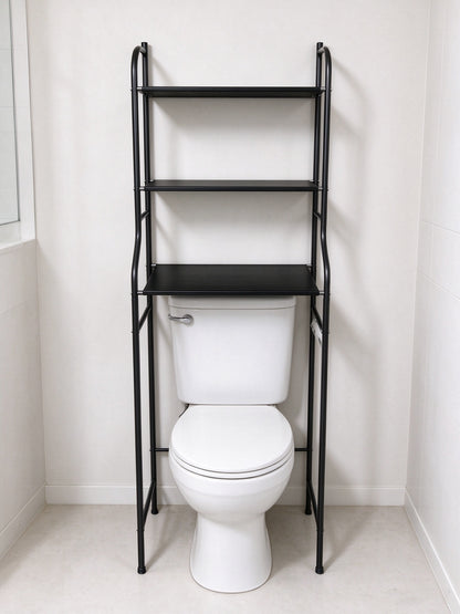 HioHa Wide Over Toilet Storage Shelf, 3-Tier Freestanding Bathroom Organizer with Paper Holder and 3 Hooks, Space Saver, Fits Larger Toilets, Black