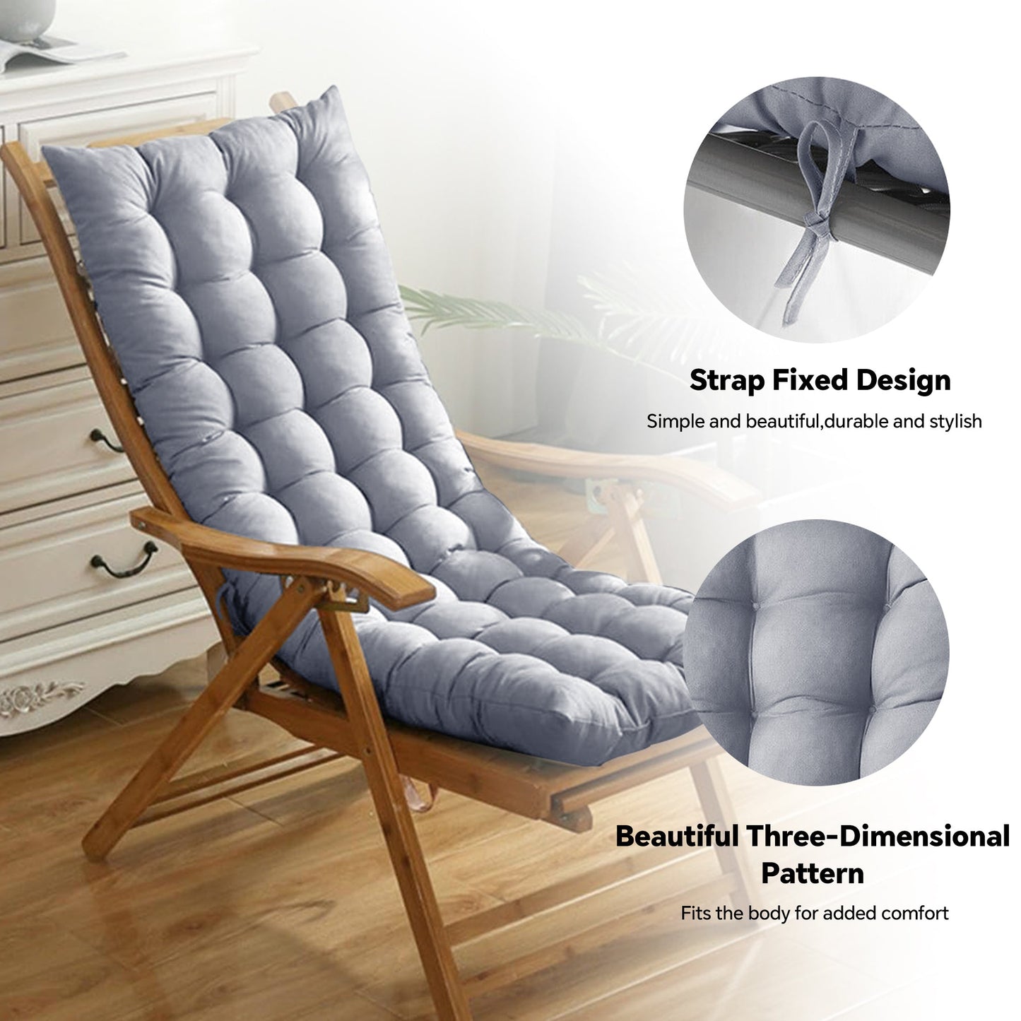 HioHa Rocking Chair Cushion, 49x19x3 inch Lounge Chaise Chair Cushion with Ties, Thickened Recliner Cushion Double-Sided Foldable(Gray)