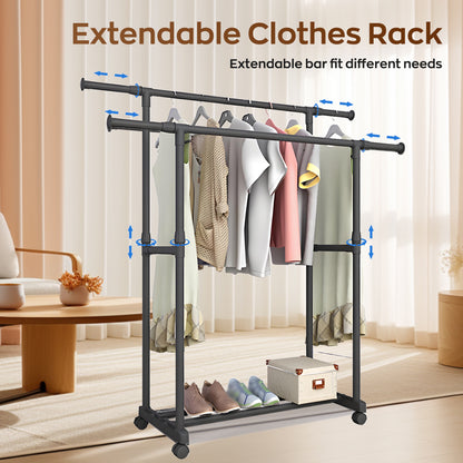 HioHa Clothes Rack, Heavy Duty Clothing Racks or Hanging Racks with Shelf, Adjustable Garment Rack with Wheels 35-61Wx16Dx35-61H Inches for Bedroom Laundry Living Room