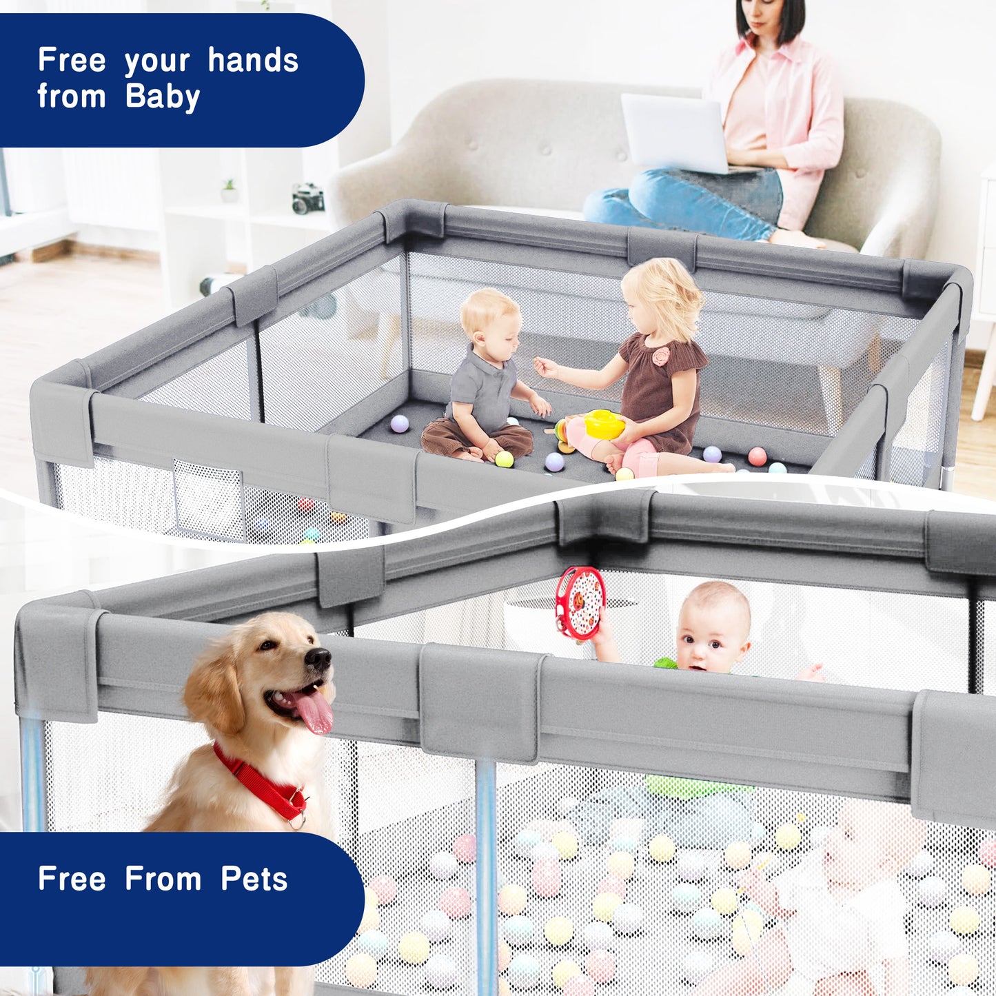 HioHa 52" x 52" Baby Playpen, Portable Play Yard with Sturdy Steel Frame & Breathable Mesh, Indoor Outdoor Baby Play Area