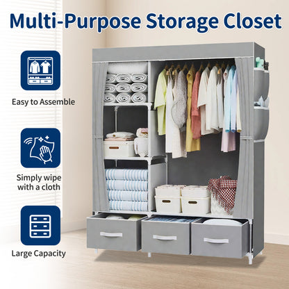 HioHa Portable Closet Organizer,3 Storage Drawers & Hanging Rod, Sturdy Space Saving Wardrobe for Bedroom Dorm Rental, Grey