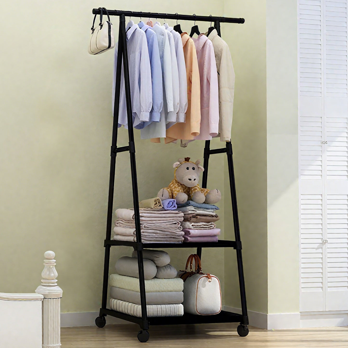 HioHa Portable Clothes Rack on Wheels with 2-Tier Shelves & Hooks - Stainless Steel Rolling Garment Rack for Clothing, Shoes, Laundry - Home, Office, Dorm Use (Black)