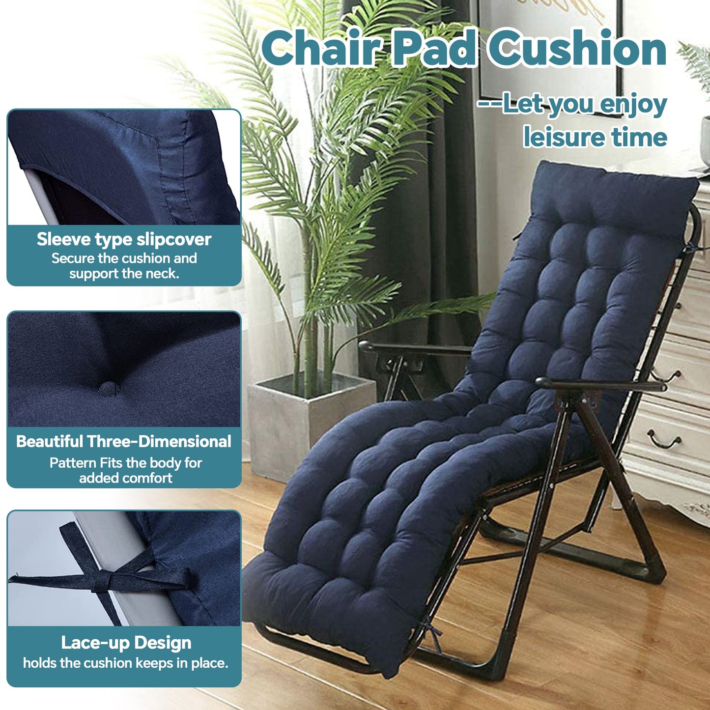 HioHa Chaise Lounge Cushion, 67x20x3 inch Rocking Chair Cushion with Ties and Top Cover, Patio Swing Bench Cushion Sofa Mat for Outdoor Indoor Furniture(Blue)