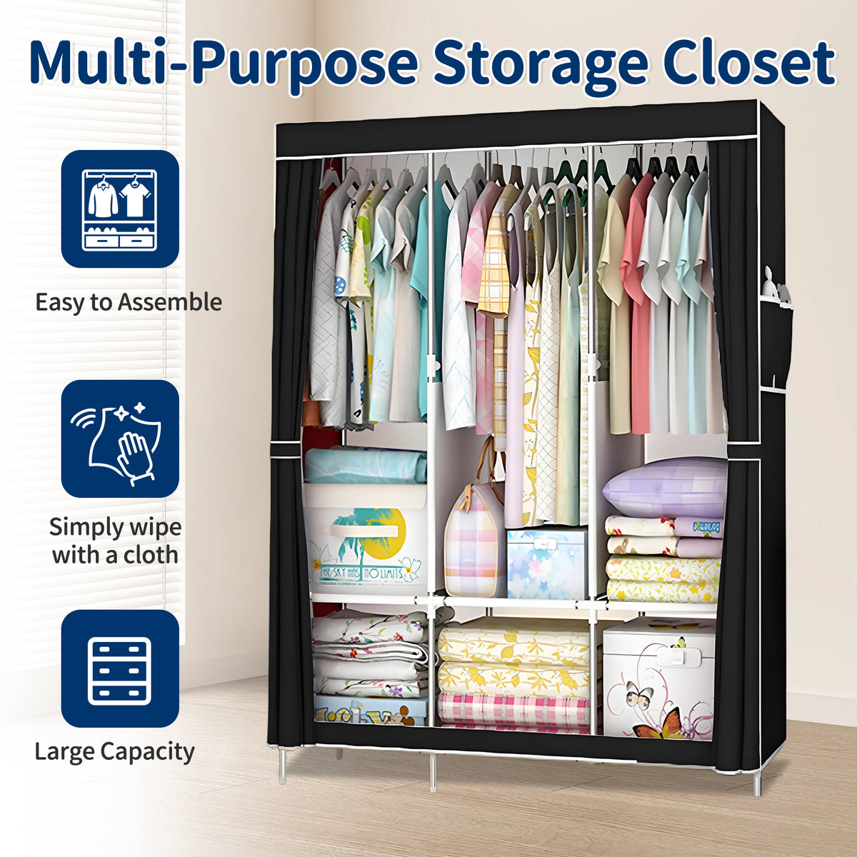 HioHa Portable Closet, Dustproof Wardrobe Closet with Cover, Free Standing Clothes Storage Organizer for Hanging Clothes and Bedroom, Black