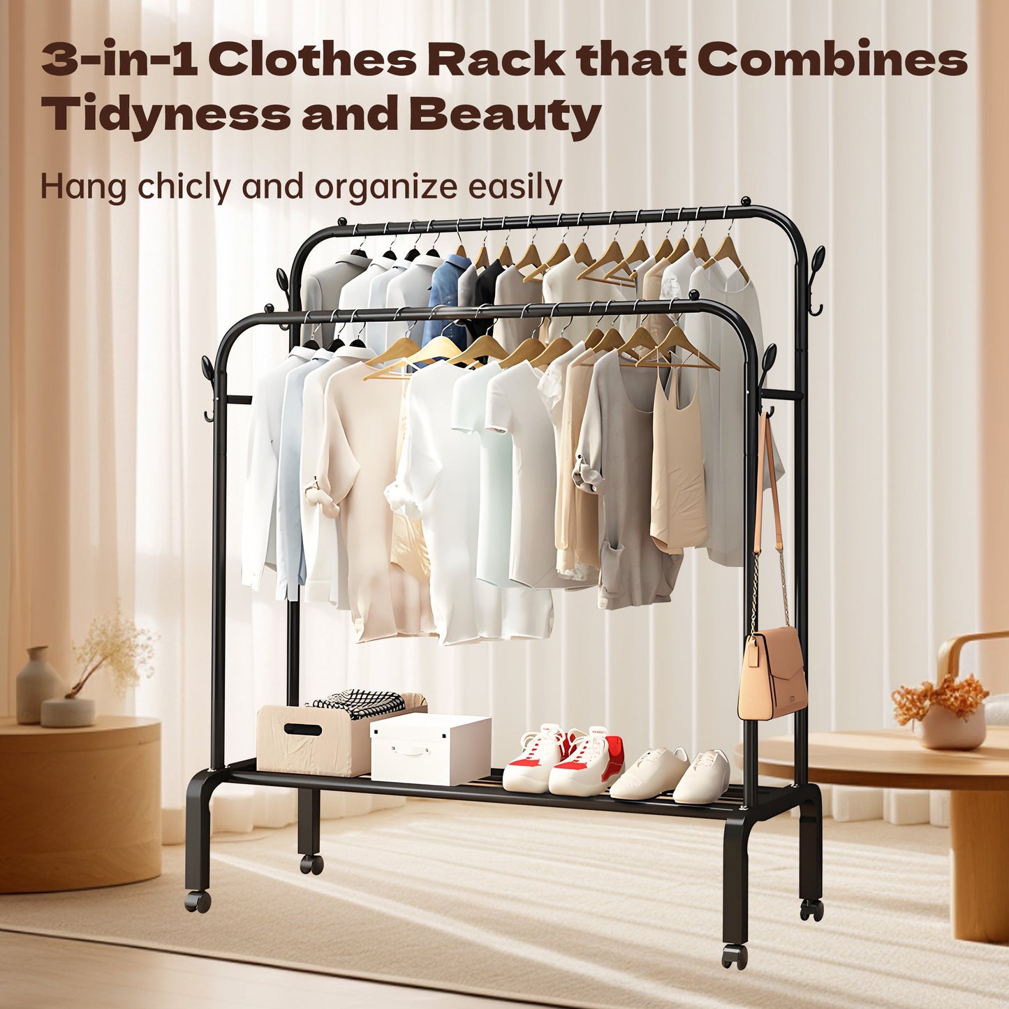 HioHa Rolling Clothes Rack, Double Rail Clothing Drying Rack with 2-Tier Shelf, Heavy Duty Garment Rack with Wheels, Black