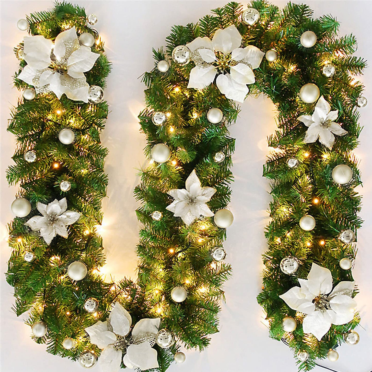HioHa Christmas Garland 9ft Artificial Pine Garland with Warm White LED Lights, Pine Cones and Berries for Holiday Indoor Home Decor