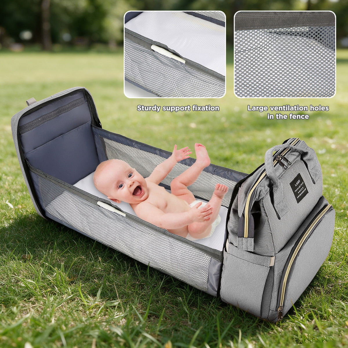 HioHa Diaper Bag Backpack, Foldable Baby Bed Changing Station, Large Capacity Waterproof Travel Baby Bag with USB Charging Port, Stroller Straps, Insulated Bottle Pockets, Gray