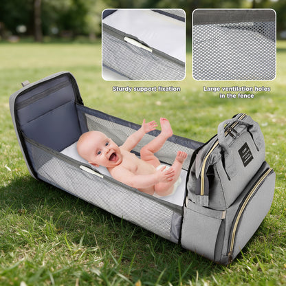 HioHa Diaper Bag Backpack, Foldable Baby Bed Changing Station, Large Capacity Waterproof Travel Baby Bag with USB Charging Port, Stroller Straps, Insulated Bottle Pockets, Gray