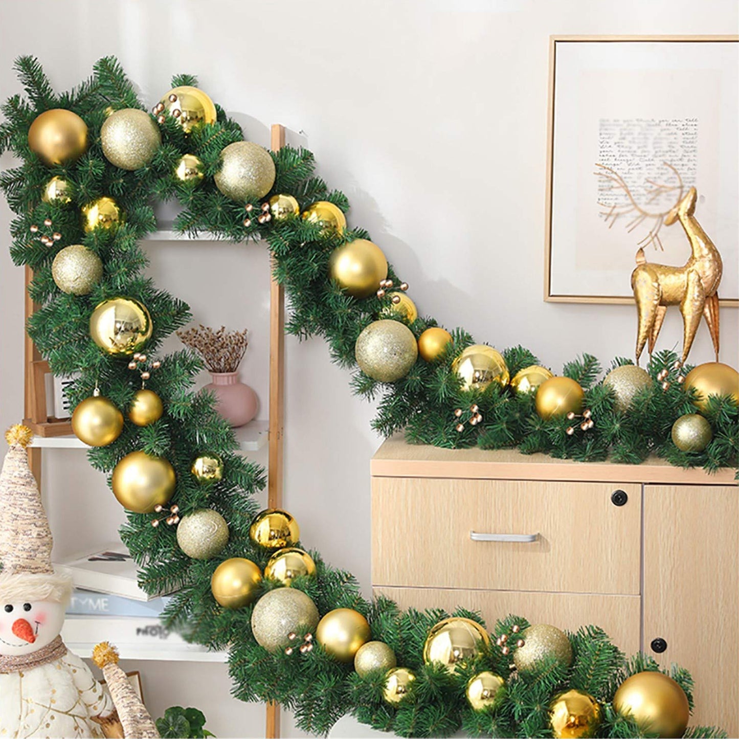 HioHa Christmas Garland 9ft Artificial Pine Garland with Warm White LED Lights, Pine Cones and Berries for Holiday Indoor Home Decor