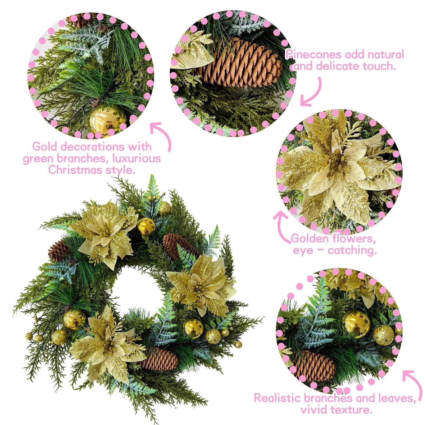HioHa 16-inch Classic Christmas Wreath with Pine Cones & Berries, Full Artificial Holiday Wreath for Door Wall Mantel Decor, Indoor Outdoor Christmas Decorations