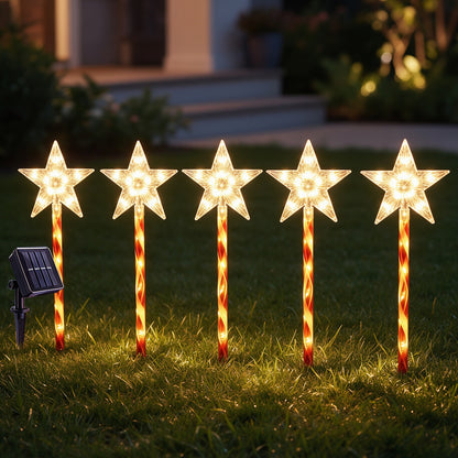 HioHa 2 Sets Solar Star Christmas Pathway Lights, 5-in-1 Outdoor Candy Cane Star Stake Lights, Warm White LED Waterproof Holiday Decor for Yard Lawn Garden Walkway