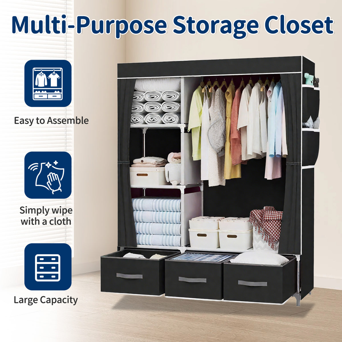 HioHa Portable Closet Organizer,3 Storage Drawers & Hanging Rod, Sturdy Space Saving Wardrobe for Bedroom Dorm Rental, Black