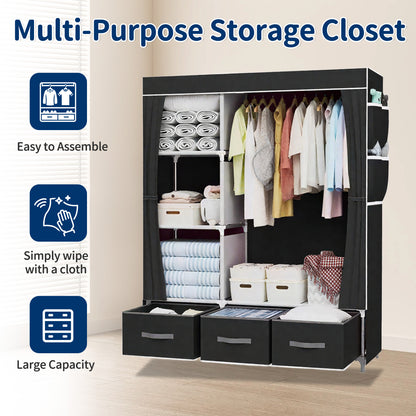 HioHa Portable Closet Organizer,3 Storage Drawers & Hanging Rod, Sturdy Space Saving Wardrobe for Bedroom Dorm Rental, Black