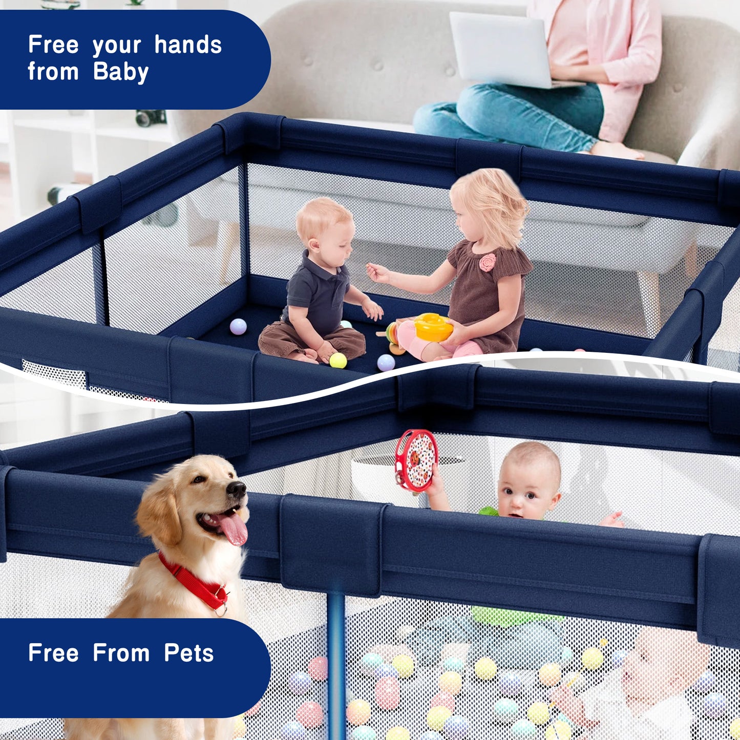 HioHa 71" Baby Playpen - Mat Included, Sturdy Steel Frame & Breathable Mesh Walls, Portable Indoor/Outdoor Play Yard