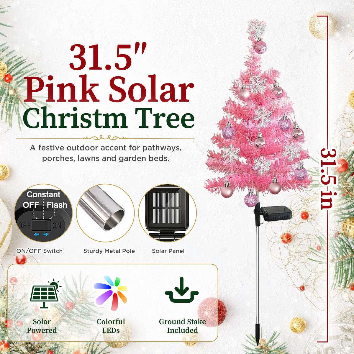 HioHa Solar Christmas Tree Stakes, 2 Pack Pink Outdoor Solar LED Christmas Tree Stake Lights, Waterproof Christmas Decor with Baubles & Snowflake Ornaments, Solar Powered Pathway Lights for Yard Lawn